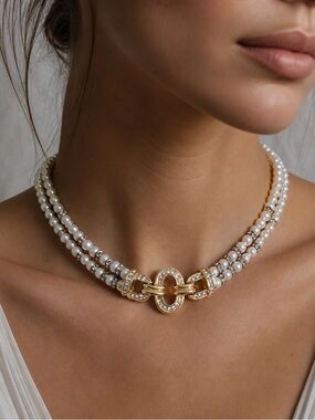 Vintage 80s Henkel & Grosse Choker Necklace Faux Pearl Pave Rhinestone Gold Tone